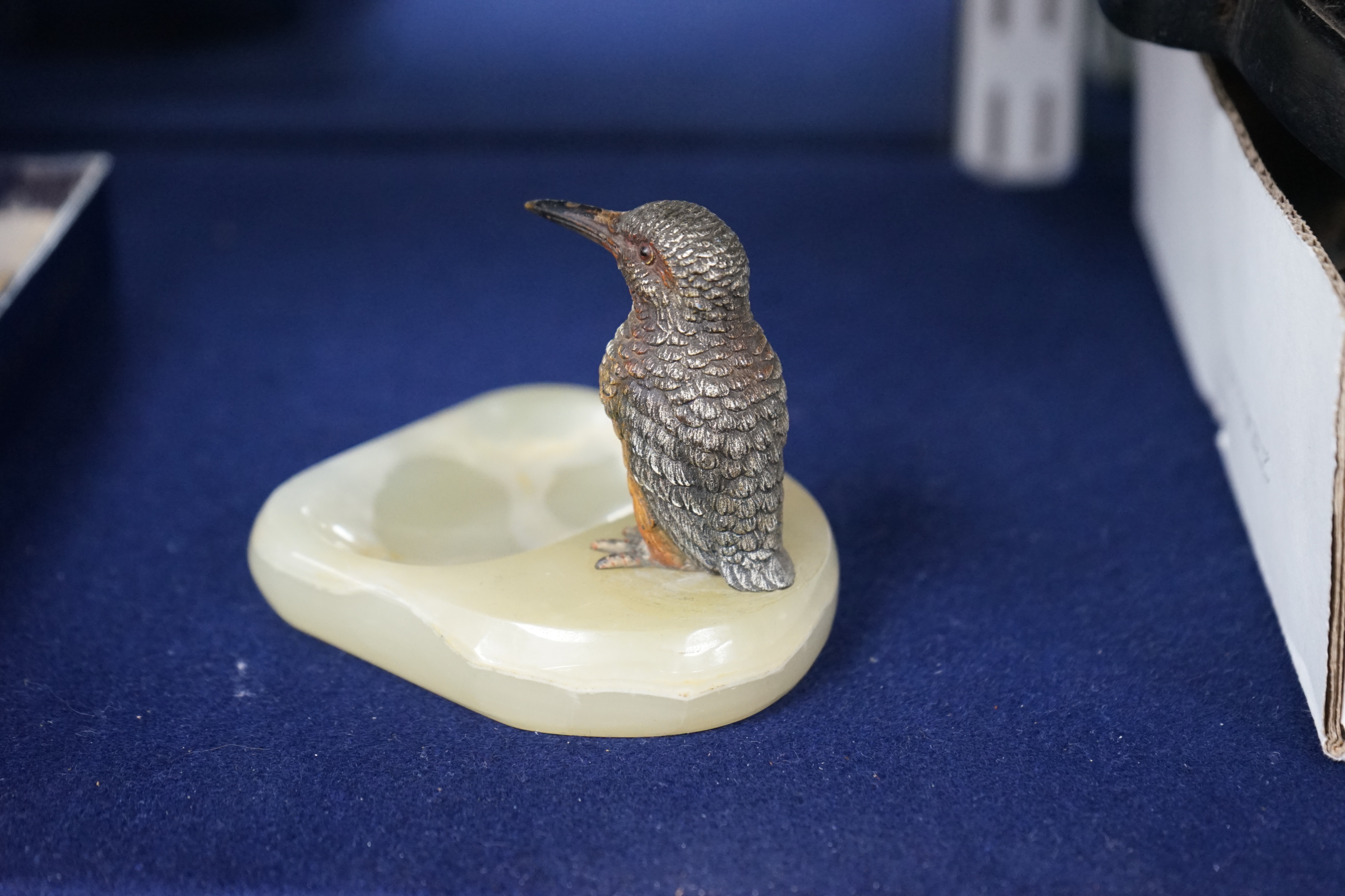 A cold painted bronze and onyx ‘kingfisher’ ashtray, 7cm tall. Condition - fair to good, some wear to beak